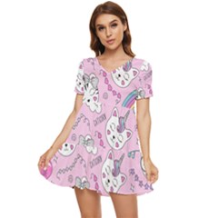 Cute Cat Kitten Cartoon Doodle Seamless Pattern Tiered Short Sleeve Babydoll Dress