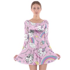 Beautiful Cute Animals Pattern Pink Long Sleeve Skater Dress