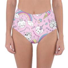 Beautiful Cute Animals Pattern Pink Reversible High-Waist Bikini Bottoms