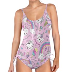 Beautiful Cute Animals Pattern Pink Tankini Set