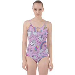 Beautiful Cute Animals Pattern Pink Cut Out Top Tankini Set