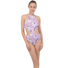 Beautiful Cute Animals Pattern Pink Halter Side Cut Swimsuit