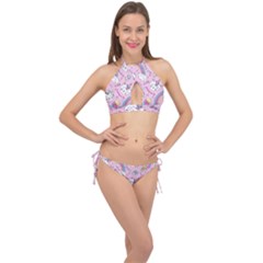 Beautiful Cute Animals Pattern Pink Cross Front Halter Bikini Set