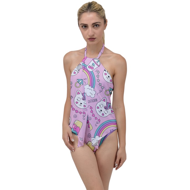 Beautiful Cute Animals Pattern Pink Go with the Flow One Piece Swimsuit