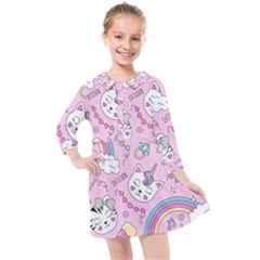 Beautiful Cute Animals Pattern Pink Kids  Quarter Sleeve Shirt Dress