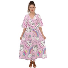 Beautiful Cute Animals Pattern Pink Kimono Sleeve Boho Dress