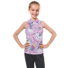 Beautiful Cute Animals Pattern Pink Kids  Sleeveless Polo T-shirt