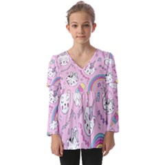 Beautiful Cute Animals Pattern Pink Kids  V Neck Casual Top