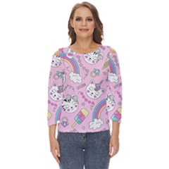 Beautiful Cute Animals Pattern Pink Cut Out Wide Sleeve Top