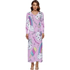 Beautiful Cute Animals Pattern Pink Long Sleeve Longline Maxi Dress