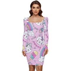 Beautiful Cute Animals Pattern Pink Women Long Sleeve Ruched Stretch Jersey Dress