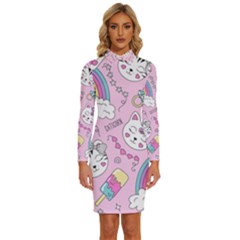 Beautiful Cute Animals Pattern Pink Long Sleeve Shirt Collar Bodycon Dress