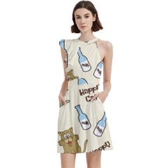 Cute Astronaut Cat With Star Galaxy Elements Seamless Pattern Cocktail Party Halter Sleeveless Dress With Pockets by Grandong