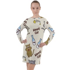 Cute Astronaut Cat With Star Galaxy Elements Seamless Pattern Long Sleeve Hoodie Dress