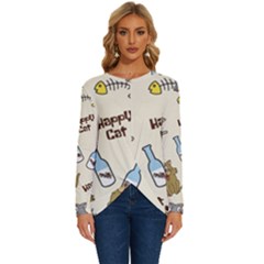 Cute Astronaut Cat With Star Galaxy Elements Seamless Pattern Long Sleeve Crew Neck Pullover Top