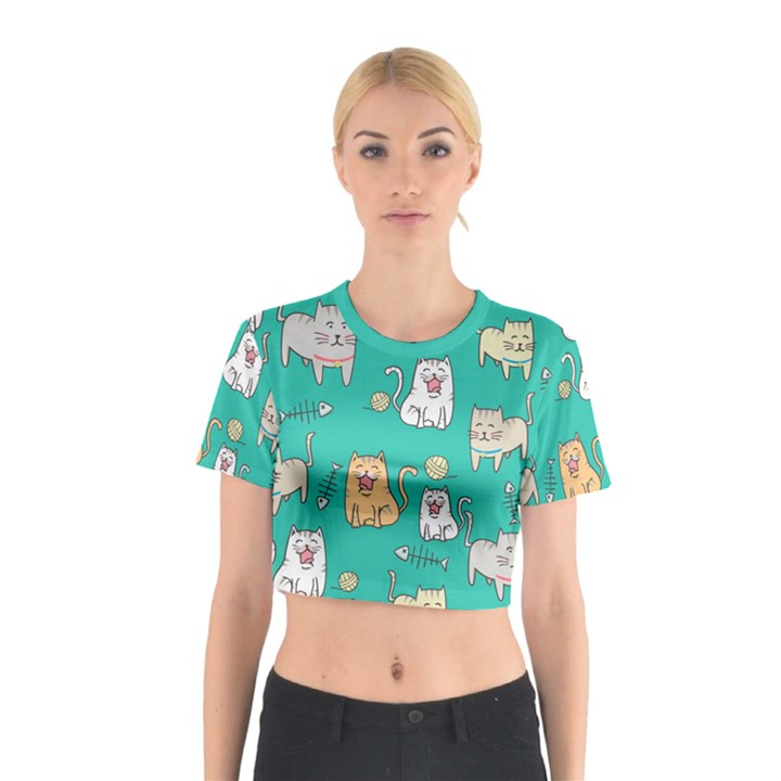 Seamless Pattern Cute Cat Cartoon With Hand Drawn Style Cotton Crop Top
