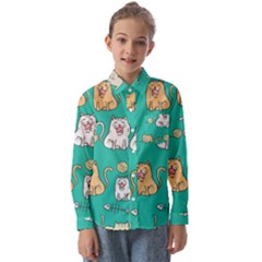 Seamless Pattern Cute Cat Cartoon With Hand Drawn Style Kids  Long Sleeve Shirt by Grandong