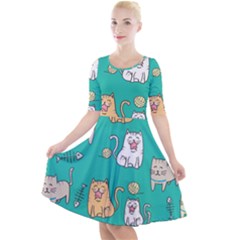 Seamless Pattern Cute Cat Cartoon With Hand Drawn Style Quarter Sleeve A-line Dress by Grandong