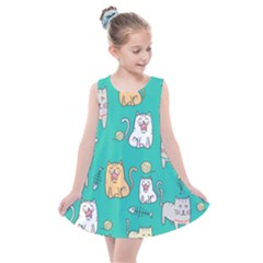 Seamless Pattern Cute Cat Cartoon With Hand Drawn Style Kids  Summer Dress by Grandong