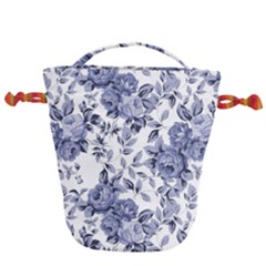 Blue Vintage Background Background With Flowers, Vintage Drawstring Bucket Bag by nateshop