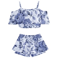 Blue Vintage Background Background With Flowers, Vintage Kids  Off Shoulder Skirt Bikini by nateshop