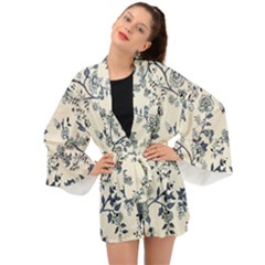 Blue Vintage Background, Blue Roses Patterns, Retro Long Sleeve Kimono by nateshop