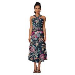 Coorful Flowers Pattern Floral Patterns Sleeveless Cross Front Cocktail Midi Chiffon Dress by nateshop