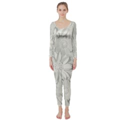 Damask, Desenho, Flowers, Gris Long Sleeve Catsuit by nateshop