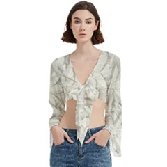 Damask, Desenho, Flowers, Gris Trumpet Sleeve Cropped Top