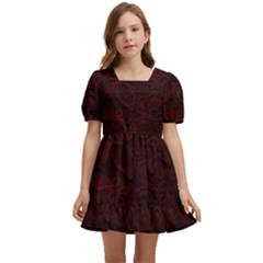 Dark Red Floral Lace, Dark Red, Flowers, Pattern, Romance Kids  Short Sleeve Dolly Dress