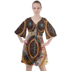 Dreamcatcher, Abstract, Colorful, Colors, Dream, Golden, Vintage Boho Button Up Dress by nateshop