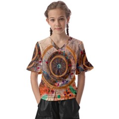 Dreamcatcher, Abstract, Colorful, Colors, Dream, Golden, Vintage Kids  V-Neck Horn Sleeve Blouse