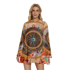 Dreamcatcher, Abstract, Colorful, Colors, Dream, Golden, Vintage Round Neck Long Sleeve Bohemian Style Chiffon Mini Dress