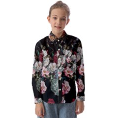 Floral Pattern, Red, Floral Print, E, Dark, Flowers Kids  Long Sleeve Shirt by nateshop