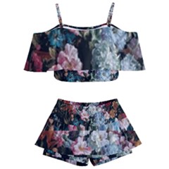 Floral Pattern, Red, Floral Print, E, Dark, Flowers Kids  Off Shoulder Skirt Bikini by nateshop