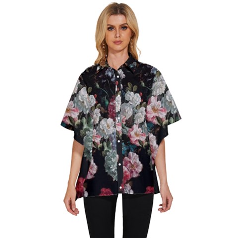 Floral Pattern, Red, Floral Print, E, Dark, Flowers Women s Batwing Button Up Shirt by nateshop