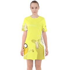 Adventure Time Jake The Dog Finn The Human Artwork Yellow Sixties Short Sleeve Mini Dress