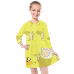 Adventure Time Jake The Dog Finn The Human Artwork Yellow Kids  Quarter Sleeve Shirt Dress by Sarkoni