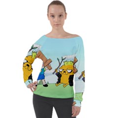 Adventure Time Finn And Jake Cartoon Network Parody Off Shoulder Long Sleeve Velour Top by Sarkoni