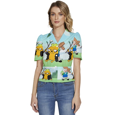 Adventure Time Finn And Jake Cartoon Network Parody Puffed Short Sleeve Button Up Jacket by Sarkoni