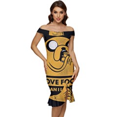 Adventure Time Jake  I Love Food Off Shoulder Ruffle Split Hem Bodycon Dress