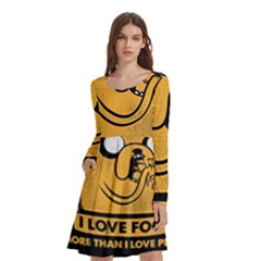 Adventure Time Jake  I Love Food Long Sleeve Knee Length Skater Dress With Pockets