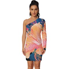 Abstract Art Artistic Bright Colors Contrast Flower Nature Petals Psychedelic Long Sleeve One Shoulder Mini Dress