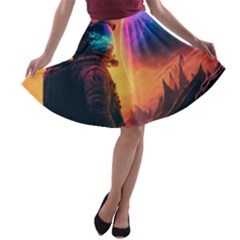 Illustration Trippy Psychedelic Astronaut Landscape Planet Mountains A-line Skater Skirt
