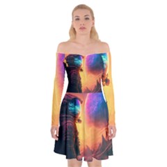 Illustration Trippy Psychedelic Astronaut Landscape Planet Mountains Off Shoulder Skater Dress