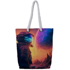 Illustration Trippy Psychedelic Astronaut Landscape Planet Mountains Full Print Rope Handle Tote (small)