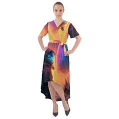 Illustration Trippy Psychedelic Astronaut Landscape Planet Mountains Front Wrap High Low Dress by Sarkoni