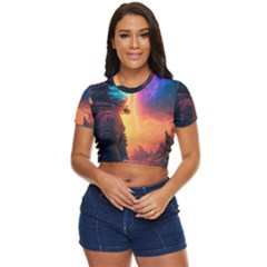 Illustration Trippy Psychedelic Astronaut Landscape Planet Mountains Side Button Cropped T-shirt by Sarkoni