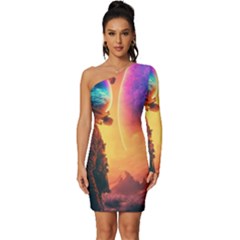 Illustration Trippy Psychedelic Astronaut Landscape Planet Mountains Long Sleeve One Shoulder Mini Dress by Sarkoni