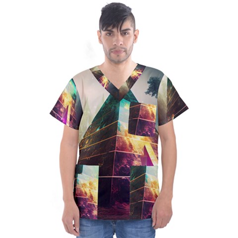 Tropical Forest Jungle Ar Colorful Midjourney Spectrum Trippy Psychedelic Nature Trees Pyramid Men s V-neck Scrub Top by Sarkoni